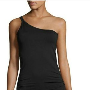 One shoulder black top